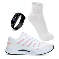 Kit Tênis Esportivo Feminino Branco Leve E Confortável Meia+Relógio Digital