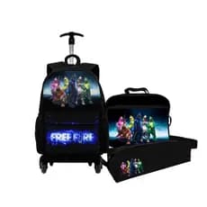 Kit Masculino Infantil Free Fire Jogo Novo Mochila Bag Com Rodinha + Lancheira Térmica + Estojo