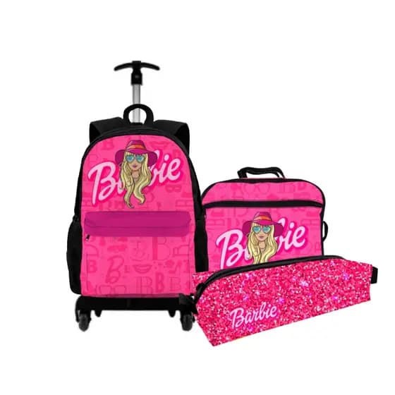 Mochila Bag Rodinha Kit Com Estojo Lancheira Térmica Volta As Aulas Barbie Desenho Criança Menina