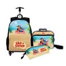 Kit Mochila Lilo Stitch Com Rodinha Bolsa Escolar Estojo Infantil e Lancheira Térmica Para Crianças