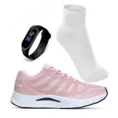 Kit Tênis Rosa Feminino +Meia+Relógio Fitness Confortavel Academia Caminhada