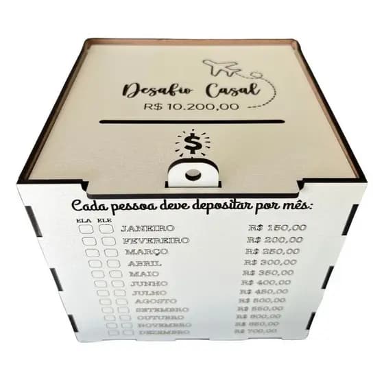 Cofre Desafio Casal 10 Mil Em 1 Ano Depósito Mensal Caixa Para Guardar Dinheiro Com Alça De Cadeado