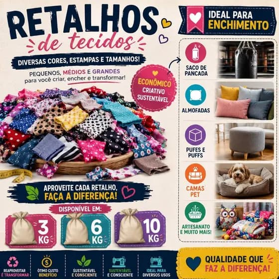 Retalho de tecido para encher Puff, almofadas, cama pet e saco de pancadas. 3kg 6kg 10kg