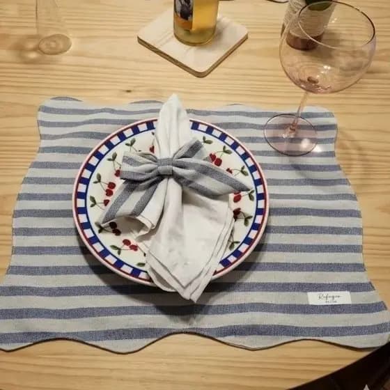 Jogo Americano Linho Misto Listrado + Guardanapo e Porta Guardanapo Laço | Modelo Orgânico