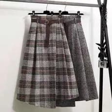 Saia Xadrez de Lã Plus Size Outono Inverno Mulheres Saia A-line de Comprimento Médio Irregular de Cintura Alta Saia Long