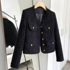Jaqueta Curta Preta de Tweed 2024 Nova Primavera Outono Fina Elegante Socialite Manga Longa Ins