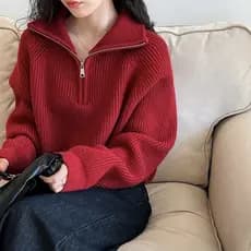 Suéter Vermelho com Gola Alta e Meio Zíper para Mulheres, Outono Inverno 2024 Novo Estilo Coreano, Lã Solta e Preguiçosa