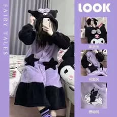 Pijamas Kuromi para Mulheres, Outono e Inverno, Forro de Fleece Espesso, Vestido de Noite de Estudante de Comprimento Mé