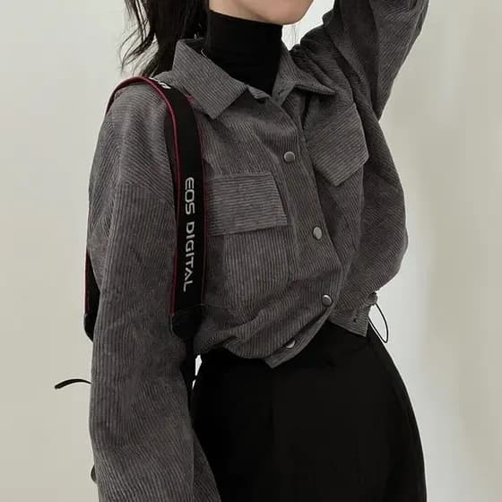 Chique Coreano Novo Retro Simples Gola Reversa Camisa Curta de Manga Longa com Cordão Jaqueta Solta de Veludo para Mulhe