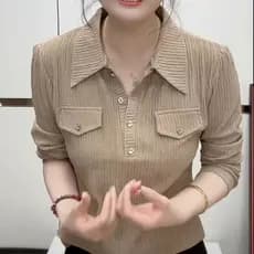 2024 Camada Base Elegante Gola Polo Camisa Meio Aberta Estilosa Versátil Primavera Moda Feminina de Alta Qualidade Top S