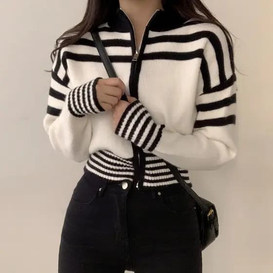Suéter Cardigã Listrado de Manga Longa Estilo Chic de Outono Retro com Zíper e Gola Alta para Mulheres