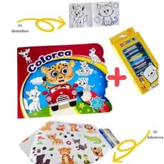 Livro de Pintura Infantil – Bichinhos Fofos + Adesivos + Canetinhas ou Giz de Cera