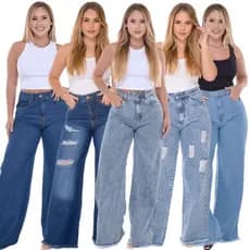 Calça Jeans Feminina Wide Leg Cintura Alta Levanta Bumbum