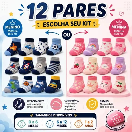 KIt Meias Antiderrapante Bebê Infantil 12 ou 3 Pares Menino Ou Menina de 0 a 6 Meses de 6 a 12 Meses de 1 a 2 Anos