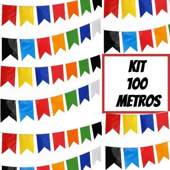 Kit até 100 metros Bandeirinhas Festa Junina Plástico Decoração São João Bandeirola Colorida