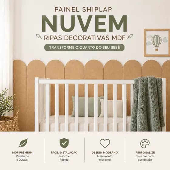 Kit 8 Placas Shiplap Nuvem MDF 120x42,5cm | Painel Ripado Decorativo Quarto de Bebê Boiserie Parede