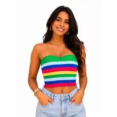 Cropped Top Brasil Virginia Listrado Tomara que Caia Cropped Tricô