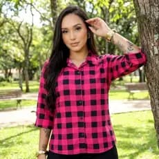 CAMISA FEMININA CREPINHO XADRES MANGA 3/4 COM BOTOES