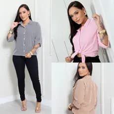 CAMISA FEMININA CREPINHO COM MANGA 3/4 COM BOTOÊS