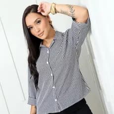CAMISA FEMININA CREPINHO LISTRADO MANGA 3/4 COM BOTÕES