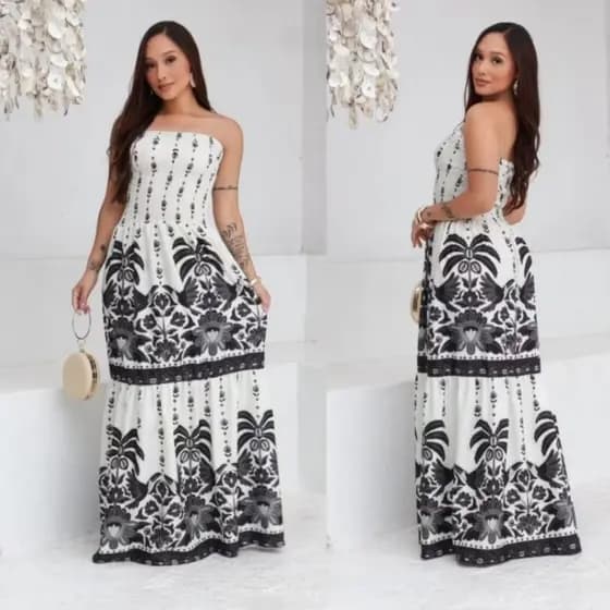 VESTIDO LONGO FEMININO LASTEX TOMARA QUE CAIA ESTAMPADO MODA VERÃO