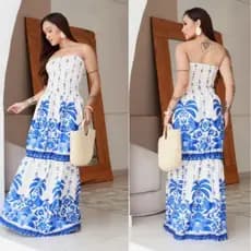 VESTIDO LONGO FEMININO LASTEX TOMARA QUE CAIA ESTAMPADO MODA VERÃO