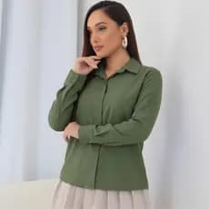 CAMISA FEMININA LISA TECIDO CREPINHO MANGA COMPRIDA ELEGANTE #01