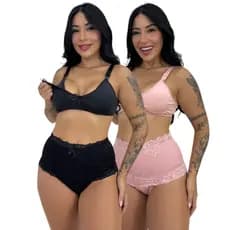 Kit 2 Conjuntos Calcinha Pós Parto Cotton Sutiã Amamentação Microfibra Fecho Click Mamãe Bebê
