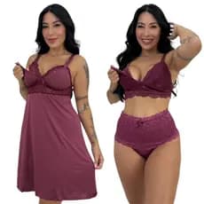 Kit Amamentação Pós Parto Camisola Calcinha Sutiã Renda sem Bojo Fecho Click Maternidade