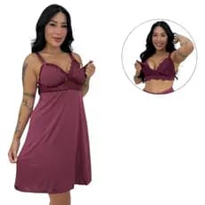 Kit Gestante Pós Parto Mamãe Camisola Amamentação Detalhe Renda Sutiã Fecho Click