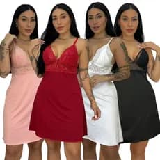 Kit 5 Camisolas Alças Ajustáveis Tecido Suede Acabamento Renda Moda Feminina Noite Mulher