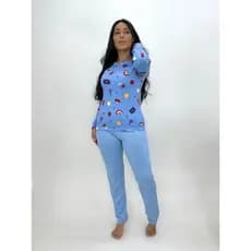 Pijama Inverno Confortável Suede Blusa Manga Longa Calça Elegante Linha Noite Dormir Estampada