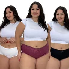 Kit 3 Calcinha Plus Size Cintura Alta Renda Conforto Cotton Roupa Íntima Feminina Estações Moda