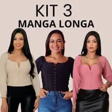KIT 3 Blusa feminina cropped manga longa com bojo e perolas