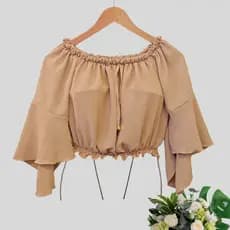 Cropped Feminino Ciganinha Manga Flare Soltinho Elástico Ombro a Ombro Tendência Moda Gringa Casual