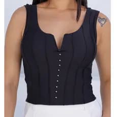 Blusa Feminina Corset Estruturada Regata com Strass Decote V Elegante e Perolas