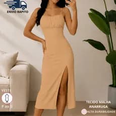 Vestido Feminino Midi Anarruga Elegante com Franzido e Fenda Lateral Elegante