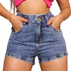 Bermuda Jeans Feminina Short Cintura Alta 100% Algodão Blogueira Bolsos Funcionais