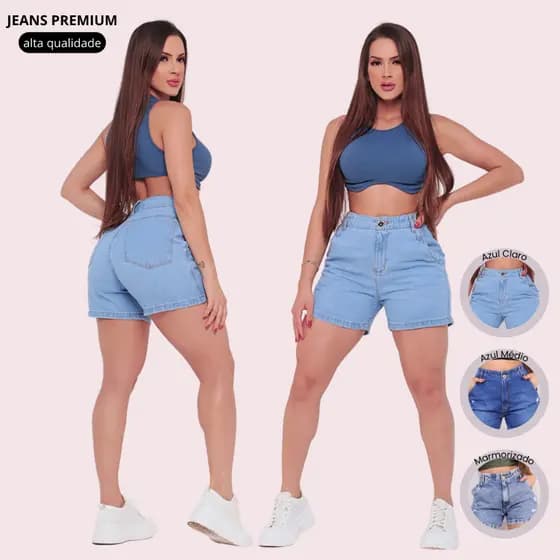 Bermuda Meia Coxa Feminina Boyfriend Bolso Faca Shorts Cintura Alta Blogueira Jeans 100% Algodão Confortável