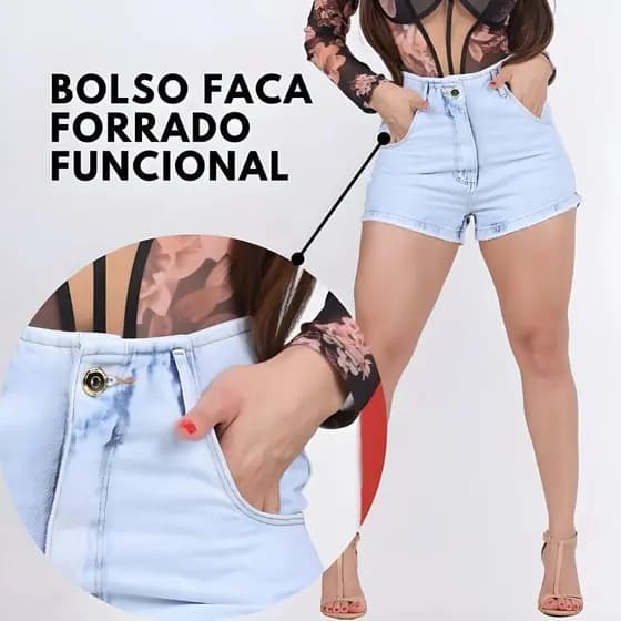 Short jeans Blogueira Cós Revel Cintura Alta Blogueira Bermuda Feminina Modeladora Bolso Faca