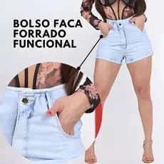 Short jeans Blogueira Cós Revel Cintura Alta Blogueira Bermuda Feminina Modeladora Bolso Faca