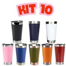 Kit 10 Copo Térmico de Cerveja com Tampa Abridor 473ml Conserva Gelado Parede Dupla a Vácuo