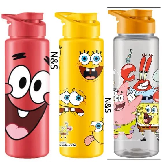 kit cm 10- 20 - 30 Garrafa Squeeze Plastico Infantil Criança Menino Menina Personagem Bob Esponja com tampa e alça 750ml