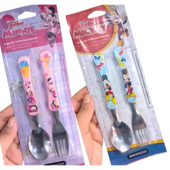 KIT TALHER INFANTIL MICKEY OU MiNNIE GARFO MAIS COLHER INOX LICENCIADO