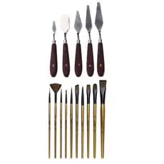 Kit 5 Espátulas + 10 Pincel Pintura Tela Quadro Artesanato