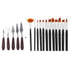 Kit 12 Pincéis + 5 Espátulas Para Artesanato Pintura Mdf Madeira Aquarela Tela Quadro