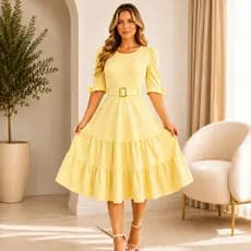 Vestidos Midi 3 Marias com Manga Bufante, Cinto Forrado Malha Canelada