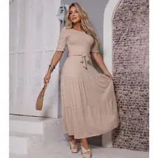 Vestido Longo Feminino Evangélico Elegante No Canelado Manga Bufante Com Laço