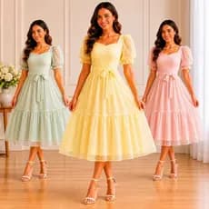 Vestido Midi 2 Marias Tule Poá Manga Bufante Decote Princesa