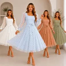 Vestido Tule Feminino Manga Longa Midi Elegante Saia Rodada Com Laço Para Amarrar